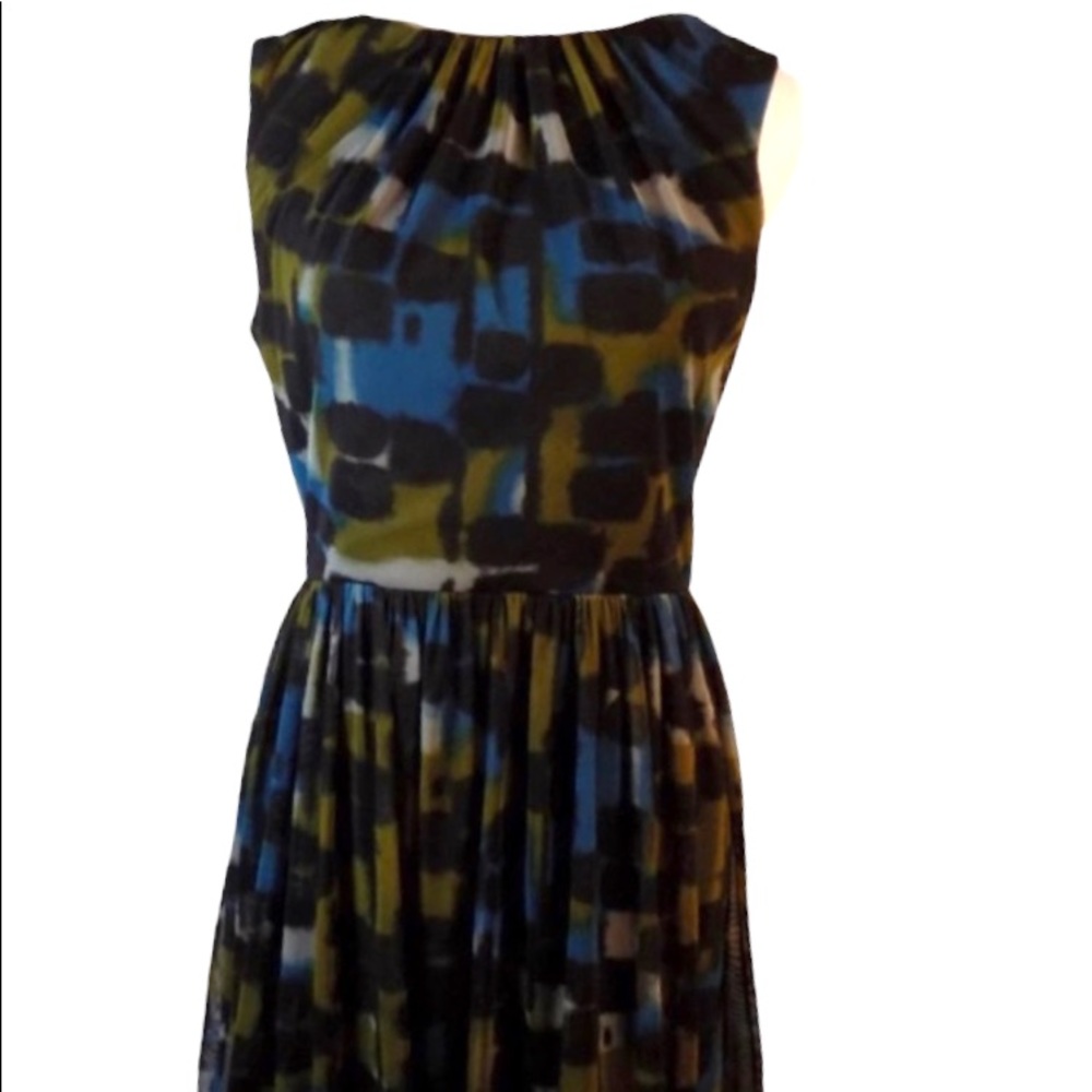 London Times Sleeveless Bubble Dress Abstract Black Blue Olive Print Size 8